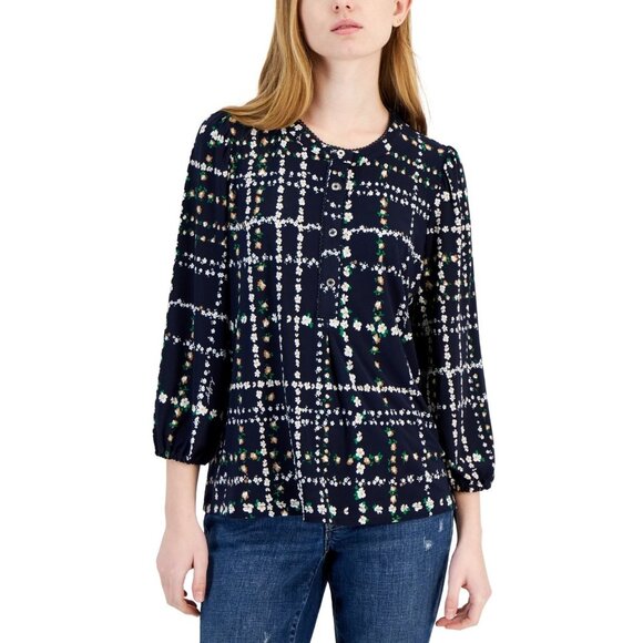 Tommy Hilfiger Women's Floral-Print Popover Blouse SIZE S NAVY MSRP $79 - Picture 2 of 3